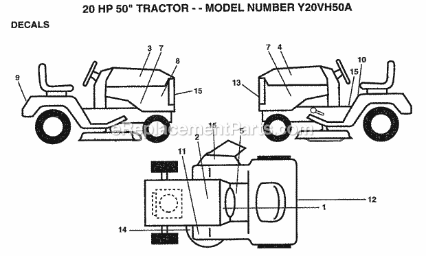 20 Hp 50" Decals Diagram and Parts List for Y20VH50A 1994 Husqvarna Lawn Tractor
