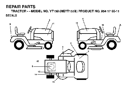 Decals Diagram and Parts List for YT150 (HEYT155B, 954170011)(1998-12) Husqvarna Lawn Tractor