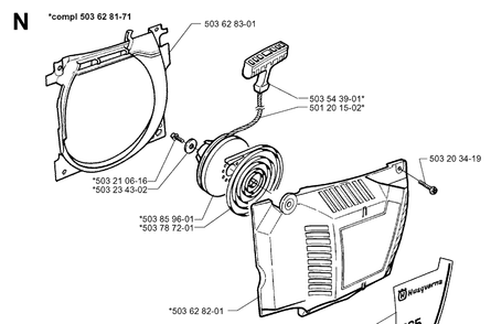 Starter Diagram and Parts List for 365 19963500001-19974900000 Husqvarna Chainsaw