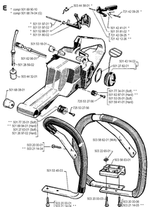 Fuel Tank And Handle Diagram and Parts List for 268 19901800001-19910500000 Husqvarna Chainsaw