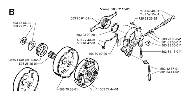 Clutch And Oil Pump Diagram and Parts List for 365 19963500001-19974900000 Husqvarna Chainsaw