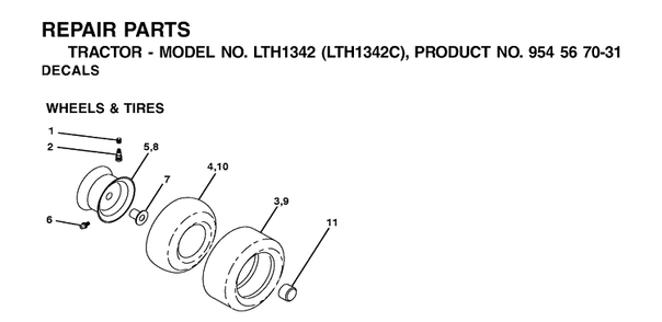 Wheels And Tires Diagram and Parts List for LTH1342-LTH1342C 2001-11 Husqvarna Lawn Tractor