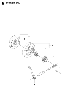 Clutch And Oil Pump Diagram and Parts List for 445E 20103600001-20112700000 Husqvarna Chainsaw