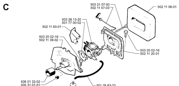 Carburetor And Air Filter Diagram and Parts List for 245R 19984000001-20023100000 Husqvarna Brush Cutter
