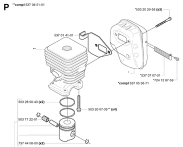 Cylinder Piston Diagram and Parts List for 326LX 20023100001-20041000000 Husqvarna Edger