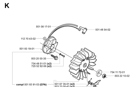 Ignition System Diagram and Parts List for 265RX 20012600001-20023100000 Husqvarna Brush Cutter
