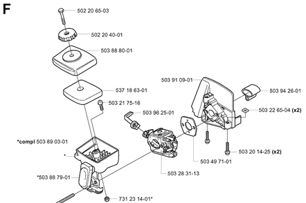 Carburetor And Air Filter Diagram and Parts List for 325HA850 20040100001-20050600000 Husqvarna Hedge Trimmer