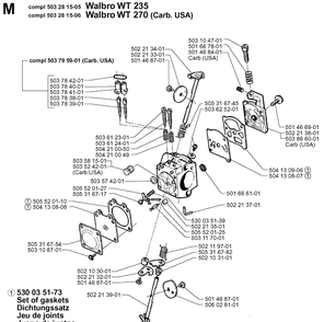 Carburetor Details Diagram and Parts List for 225BV 19963100001-19970500000 Husqvarna Leaf Blower / Vacuum