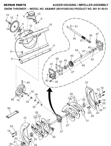 Auger Housing And Impeller Diagram and Parts List for 5524ST (96191000100)(2005-10) Husqvarna Snow Blower