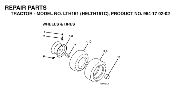 Wheels And Tires Diagram and Parts List for LTH151 (954170202-C)(2004-09) Husqvarna Lawn Tractor