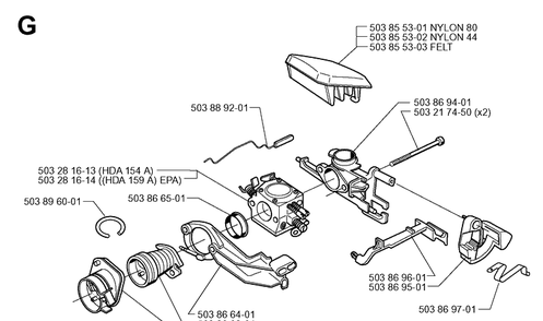 Carburetor And Air Filter Diagram and Parts List for 346XP 19991000001-20012200000 Husqvarna Chainsaw