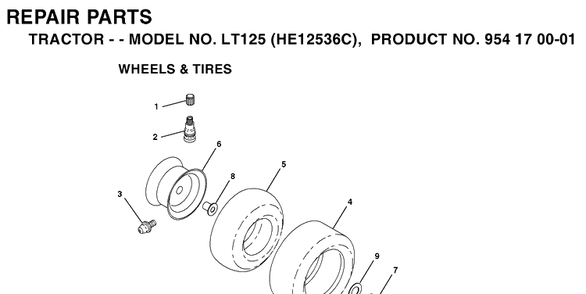 Wheels And Tires Diagram and Parts List for LT125 (HE12536C)(1996-01) Husqvarna Lawn Tractor
