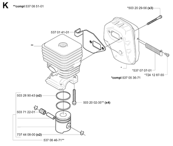 Cylinder, Piston And Muffler Diagram and Parts List for 326HE4X 20013500001 - 20033100000 Husqvarna Hedge Trimmer