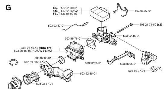 Carburetor And Air Filter Diagram and Parts List for 359 20014000001-20041800000 Husqvarna Chainsaw