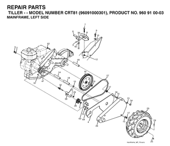 Mainframe, Left Side Diagram and Parts List for CRT81 (96091000301)(2005-10) Husqvarna Cultivator