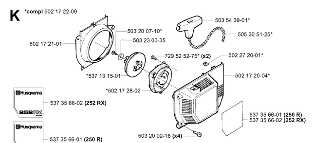 Starter Diagram and Parts List for 250R  Husqvarna Brush Cutter