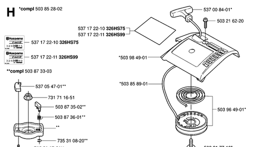 Starter Diagram and Parts List for 326HS99 (X-SERIES)(20030100001-Current) Husqvarna Hedge Trimmer