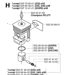 Cylinder Piston Diagram and Parts List for 235R 20023500001-20060100000 Husqvarna Brush Cutter