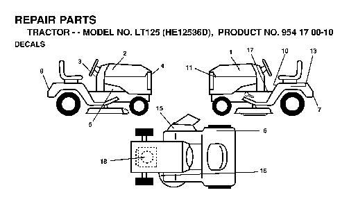 Decals Diagram and Parts List for LT125 (HE12536D, 954170010)(1998-12) Husqvarna Lawn Tractor