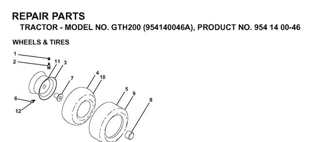Wheels And Tires Diagram and Parts List for GTH200 (954140046A)(1998-09) Husqvarna Lawn Tractor