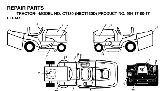Decals Diagram and Parts List for CT130 (HECT130D)(2001-01) Husqvarna Lawn Tractor