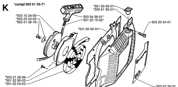 Starter Diagram and Parts List for 268 19970100001-19994500000 Husqvarna Chainsaw