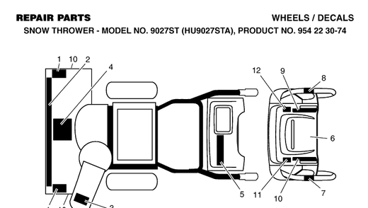 Decals Diagram and Parts List for 9027ST (HU9027STA)(2002-09) Husqvarna Snow Blower
