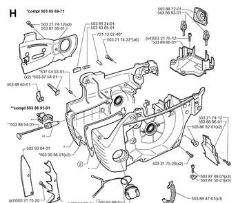 Crankcase Diagram and Parts List for 346XP 19991000001-20012200000 Husqvarna Chainsaw