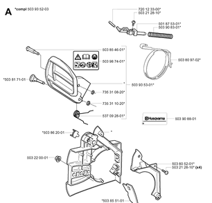 Chain Brake Diagram and Parts List for 338XPT 20031800001-20034400000 Husqvarna Chainsaw