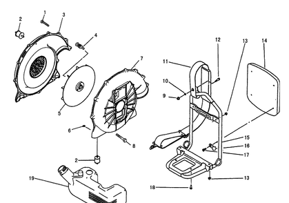 Fan / Fan Housing And Backpack Frame And Fuel Tank Diagram and Parts List for 145BT (Carb II)(2001-04) Husqvarna Leaf Blower / Vacuum