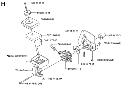 Carburetor And Air Filter Diagram and Parts List for 325HDA55X 20053600001 - 20054000000 Husqvarna Hedge Trimmer