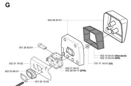 Carburetor And Air Filter Diagram and Parts List for 265RX  Husqvarna Brush Cutter