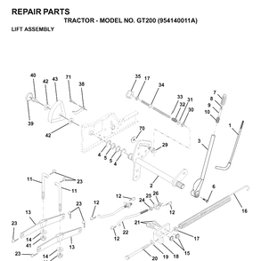 Mower Lift / Deck Lift Diagram and Parts List for GT200 (954140011A)(1997-01) Husqvarna Lawn Tractor