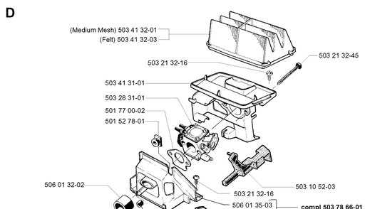 Carburetor And Air Filter Diagram and Parts List for 49 19960100001-19981800000 Husqvarna Chainsaw