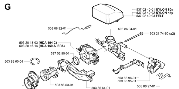 Carburetor And Air Filter Diagram and Parts List for 345 20013500001-20030100000 Husqvarna Chainsaw