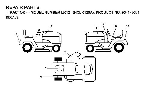 Decals Diagram and Parts List for LR121 (HCLR120A, 954140001)(1996-08) Husqvarna Lawn Tractor