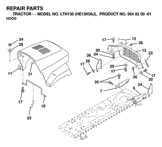 Hood Diagram and Parts List for LTH130 (954820001-J)(2000-03) Husqvarna Lawn Tractor