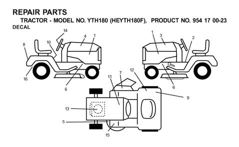 Decals Diagram and Parts List for YTH180 (954170023-F)(2001-03) Husqvarna Lawn Tractor