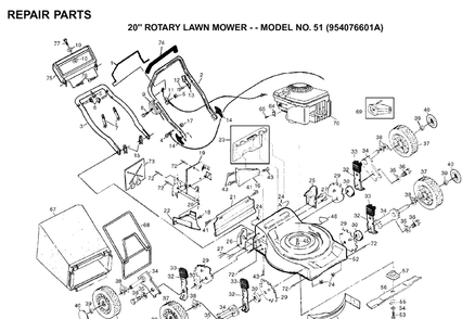 Product Complete Diagram and Parts List for 51 (954076601A)(1994-08) Husqvarna Lawn Mower