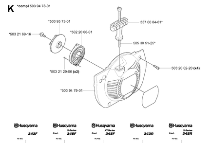 Starter Diagram and Parts List for 343F 20043100001-20064000000 Husqvarna Brush Cutter