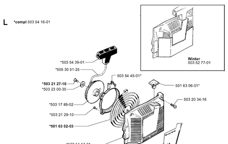 Starter Diagram and Parts List for 261 19992300001-Current Husqvarna Chainsaw