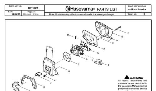 Carburetor And Air Filter Diagram and Parts List for 142 20064900001-20070100000 Husqvarna Chainsaw