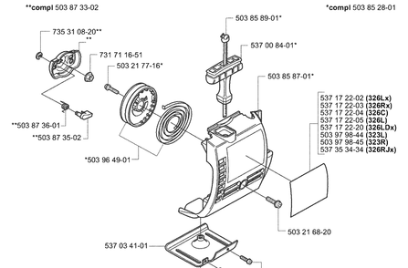 Starter Diagram and Parts List for 323L 2004-03 Husqvarna Brush Cutter