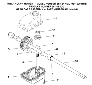 Gear Case Diagram and Parts List for 55R21HVL (961450001)(2004-12) Husqvarna Lawn Mower