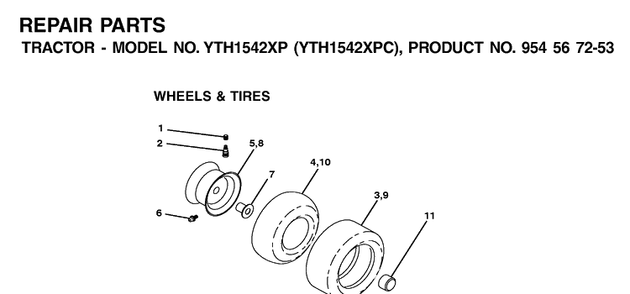 Wheels And Tires Diagram and Parts List for YTH1542XP (954567253)(2001-12) Husqvarna Lawn Tractor
