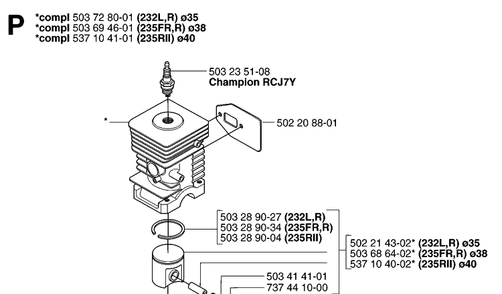 Cylinder Piston Diagram and Parts List for 235RII  Husqvarna Brush Cutter