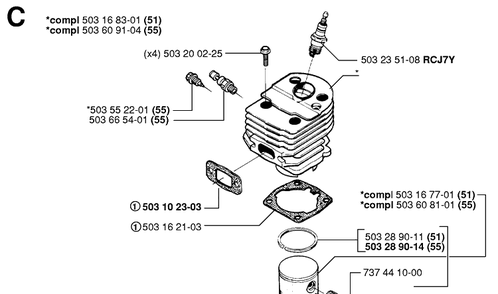 Cylinder Piston 2 Diagram and Parts List for 55 19982300001-20001900000 Husqvarna Chainsaw