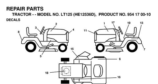 Decals Diagram and Parts List for LT125 (HE12536D)(1998-12) Husqvarna Lawn Tractor
