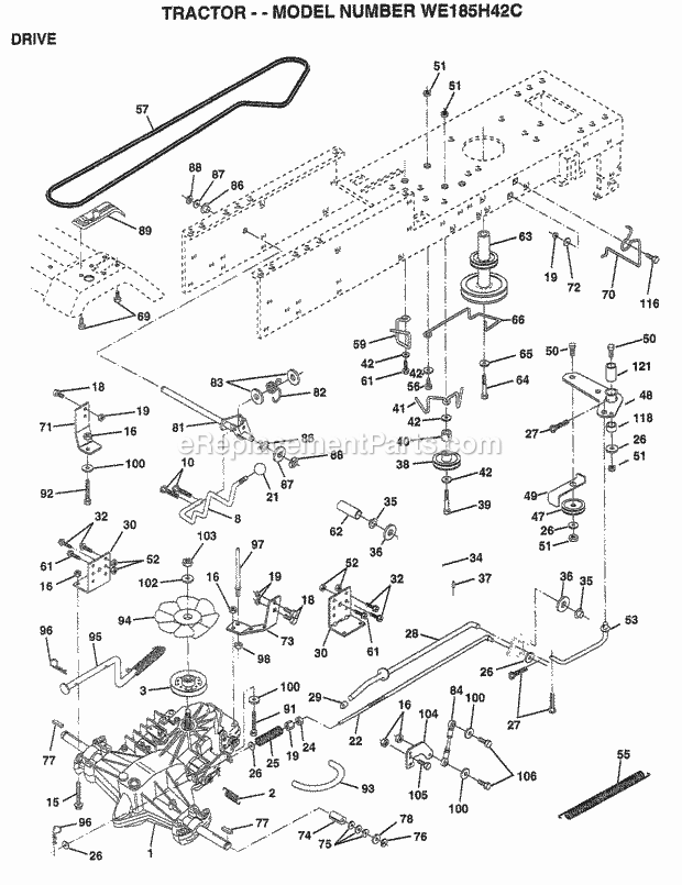 Drive Diagram and Parts List for WE185H42C 1997 Husqvarna Lawn Tractor
