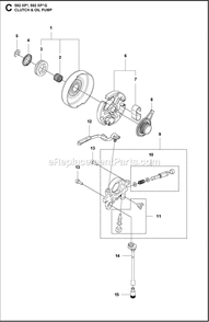 Clutch And Oil Pump Diagram and Parts List for 592XPG  Husqvarna Chainsaw